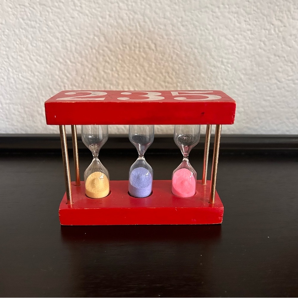 Vintage wooden brass triple hourglass timer from the 1960s 2, 3, 5 minute timer